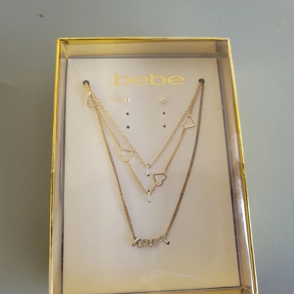 NEW BEBE BOX SET GOLD TONE CHAIN LOVE NECKLACE HEART **Missing 2 Sets Earrings**